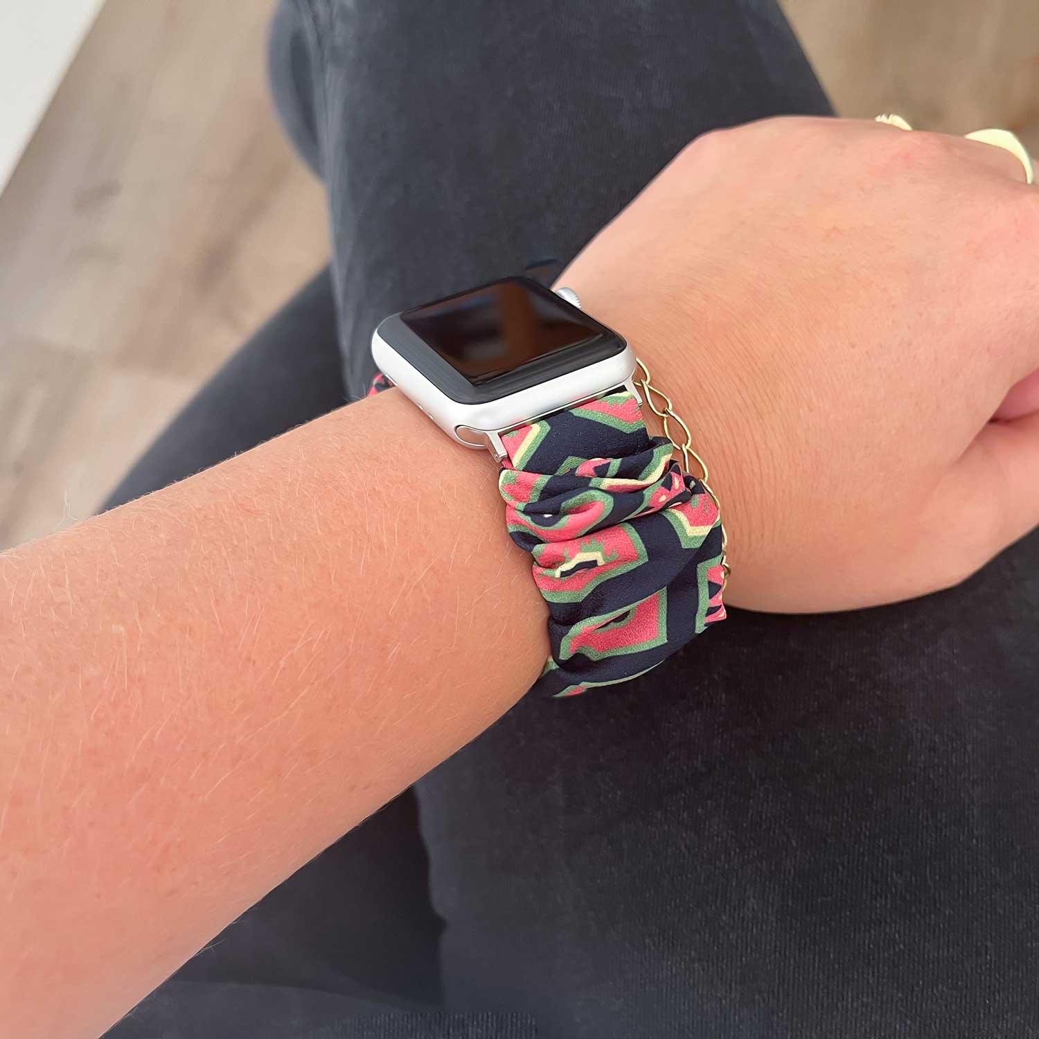 Apple Watch Armband Savara - Scrunchie - Nylon - Dunkelblau mit Pink und Grün