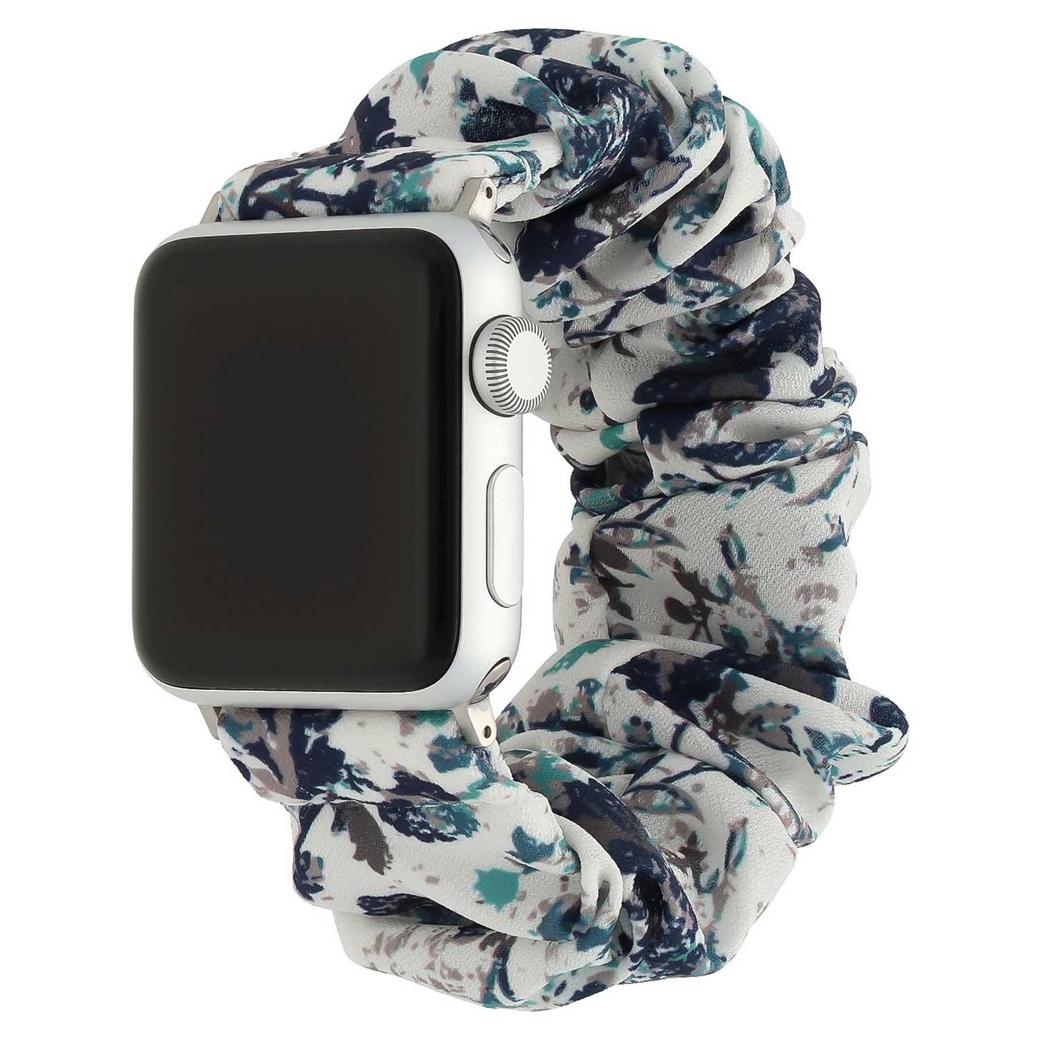 Apple Watch Armband Savara – Scrunchie – Nylon – Weiß mit Blättern
