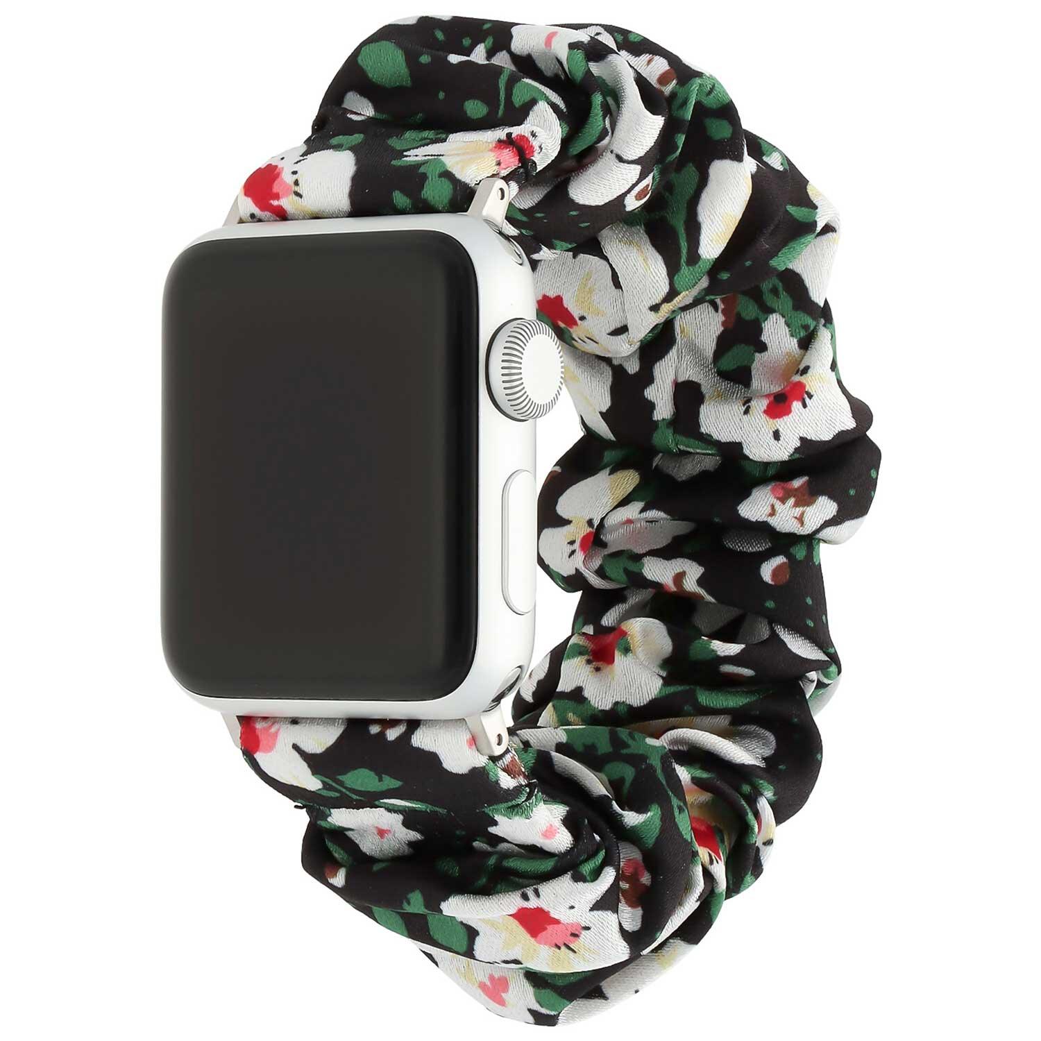 Apple Watch Armband Savara - Scrunchie - Nylon - Schwarz mit weißen Blumen
