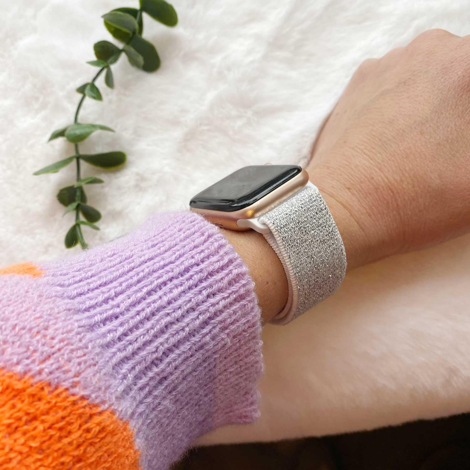 Apple Watch Armband - Nylon - gewebte Schnalle - Glitzer Weiß