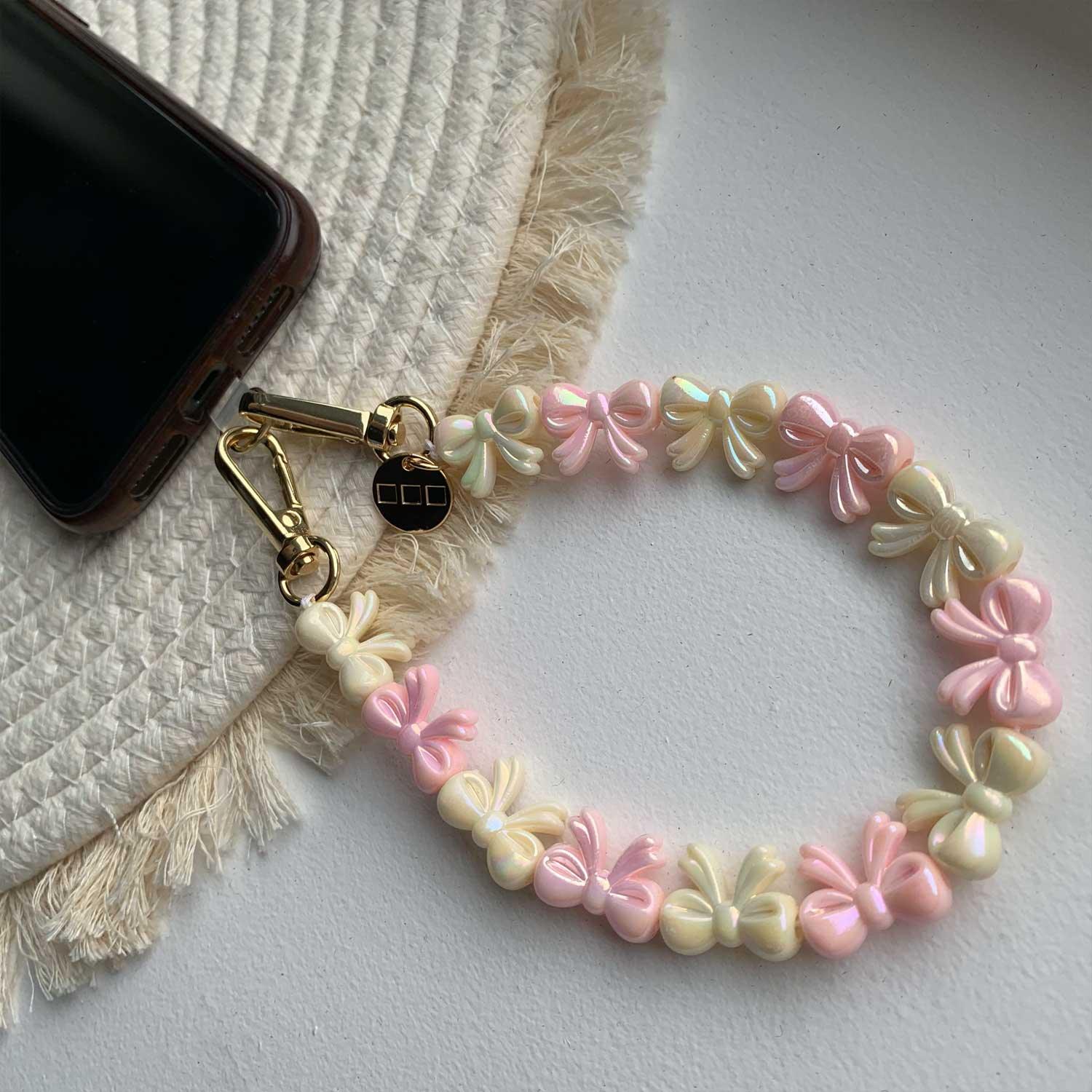 Handykette Bow - rosa-weiß - gold