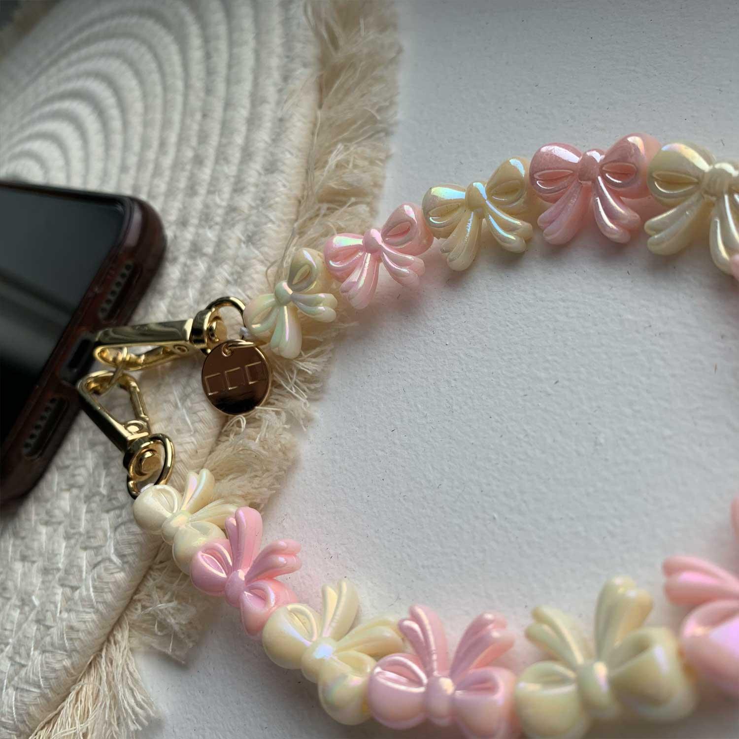 Handykette Bow - rosa-weiß - gold