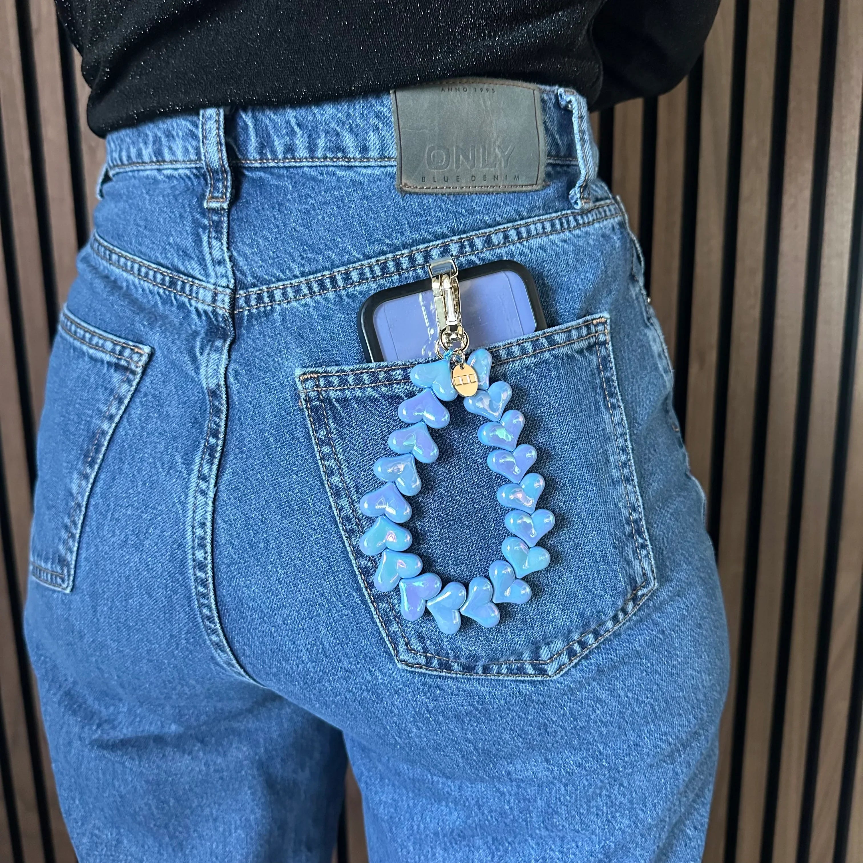 Handykette Heart - blau glitzernd - gold