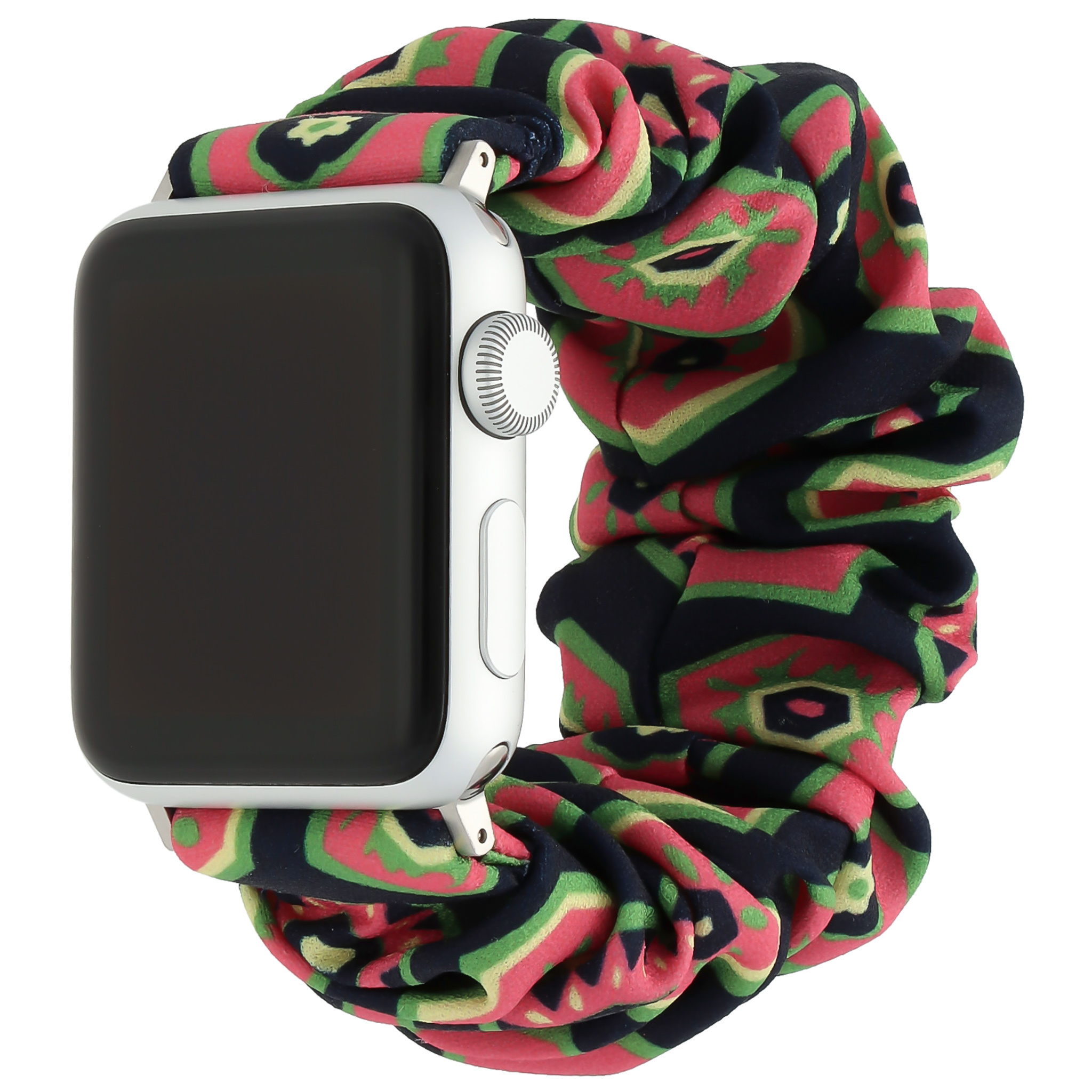 Apple Watch Nylon Scrunchie Armband - dunkelblau mit rosa und grün