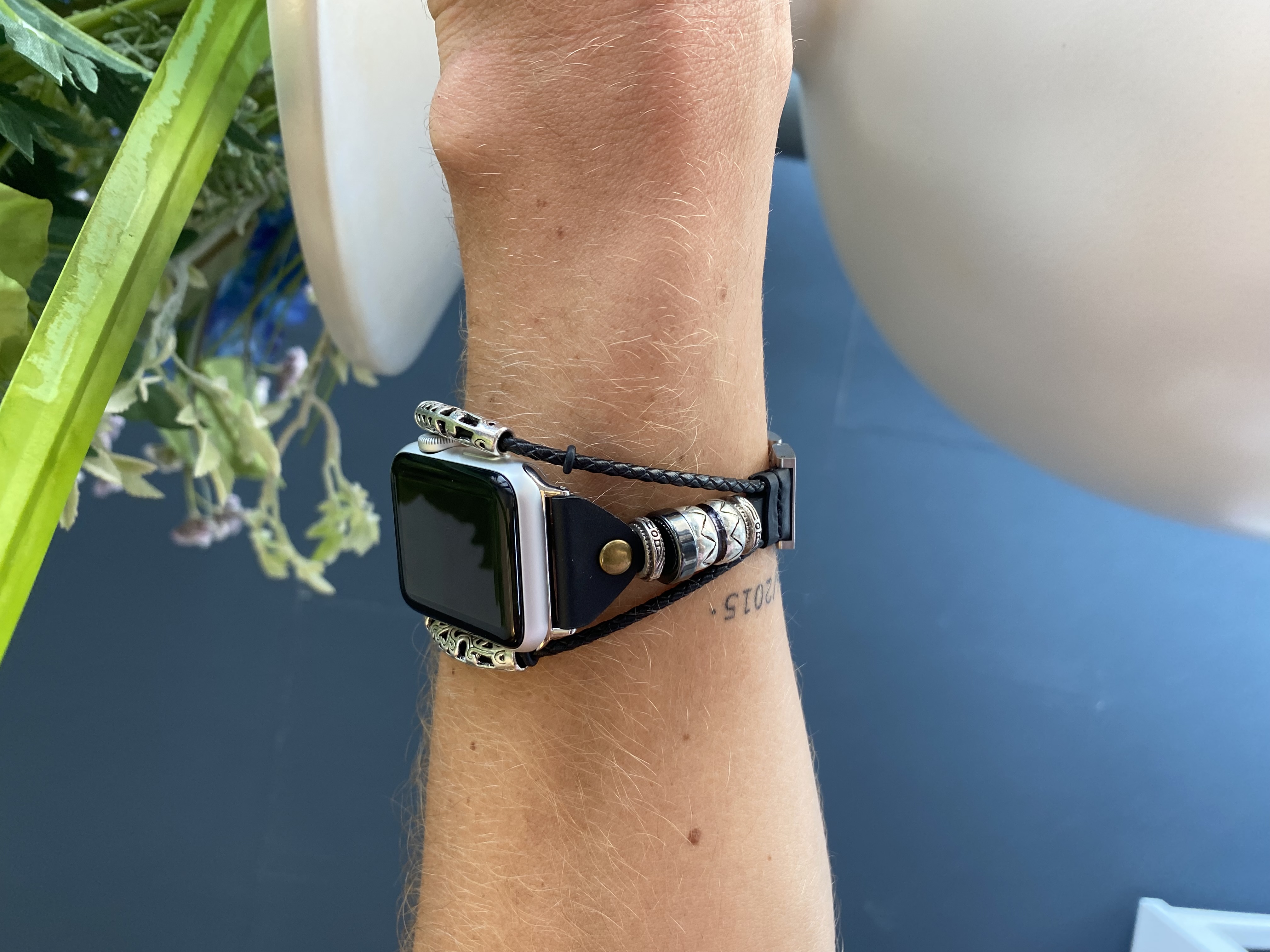 Apple Watch schmuck robust Lederarmband - Perlen schwarz